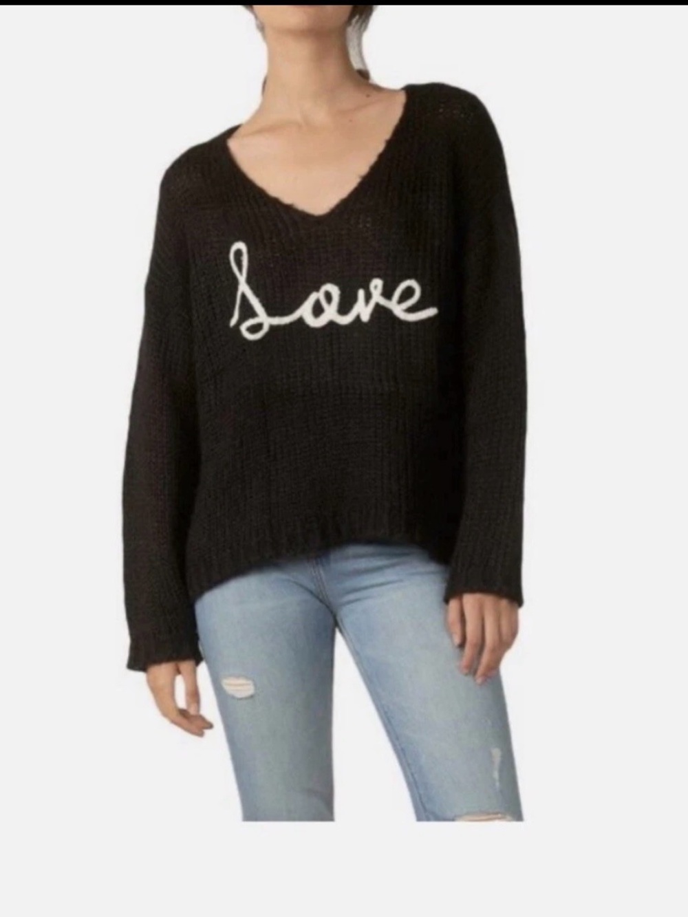 Elan Black V-Neck Knit Sweater with White "Love" Script